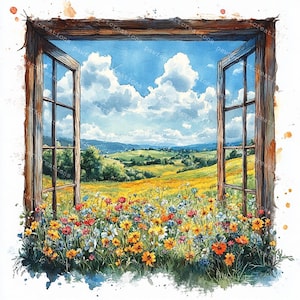 10 fenêtres avec vue sur la prairie, fenêtre avec paysage de fleurs, prairie de fleurs, aquarelle imprimable, fichiers JPG de haute qualité, journal papercraft pour ordures ménagères