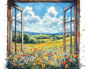 窓から見える花畑の風景：水彩画アートプリント（デジタルダウンロード