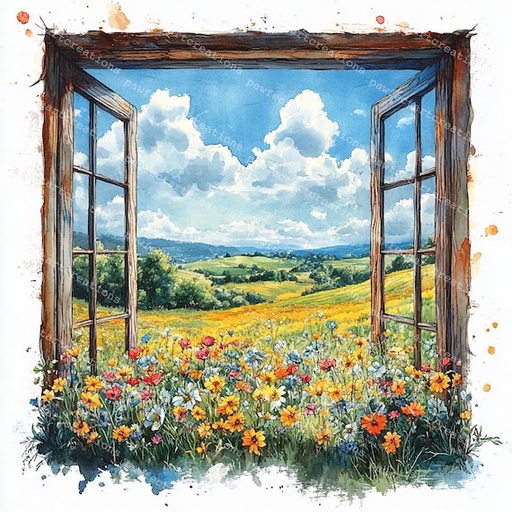 窓から見える花畑の風景：水彩画アートプリント（デジタルダウンロード