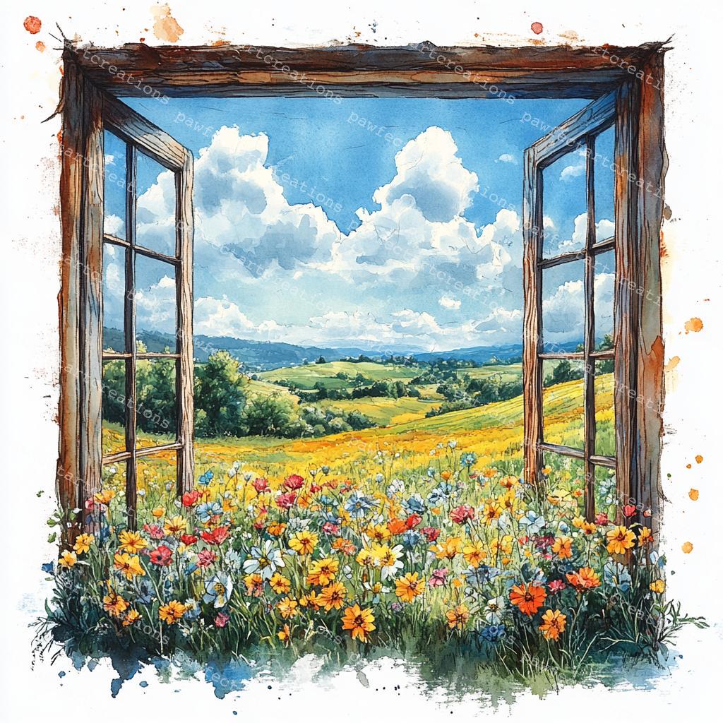 窓から見える花畑の風景：水彩画アートプリント（デジタルダウンロード