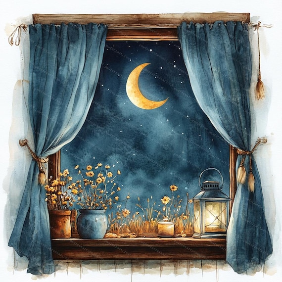 月明かりに照らされた窓の水彩画クリップアート：夜空の風景（デジタル