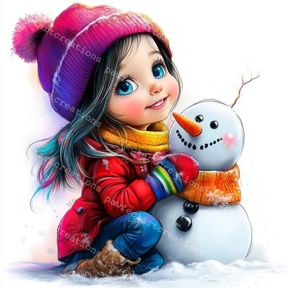 水彩画「クリスマス人形」 雪だるまを持つ女の子のクリップアート：クリスマス水彩画（デジタル