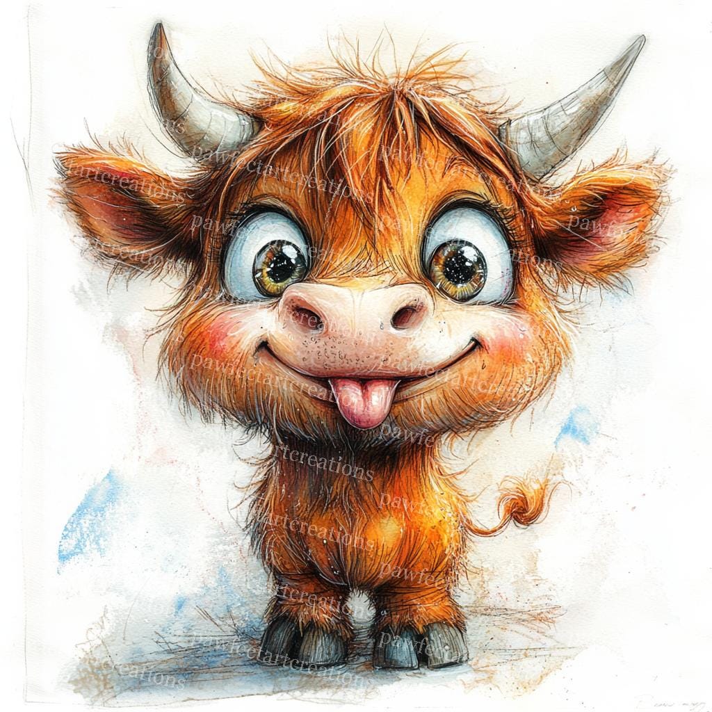 Highland Cow Clipart: Funny Watercolor Farm Animal (digital Download ...