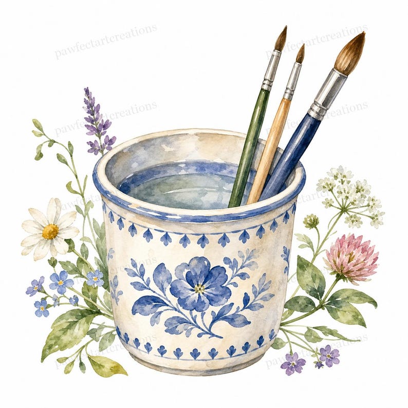 May include: Watercolor illustration of a ceramic water cup with blue floral designs and three paintbrushes. The cup is surrounded by watercolor flowers, including daisies, lavender, and clover, on a white background.