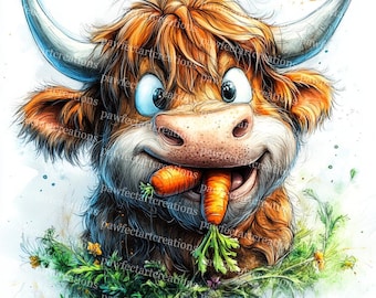 12 Funny Highland Cow Eating Clipart, Farm Animal Clipart, Cute Cow, Printable Watercolor, High-Quality JPGs, Junk Journal, Digital Craft