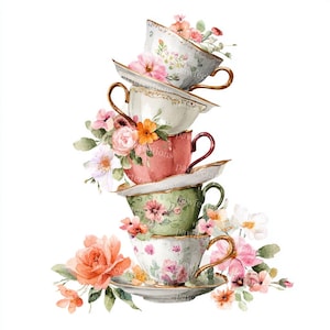 May include: A stack of five teacups and saucers, each adorned with floral designs and gold accents. The teacups are in various colors, including white, pink, and green, and are decorated with watercolor flowers. A bouquet of flowers is at the base.