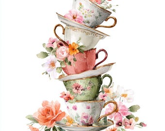 20 Floral Tea Cup Clipart, Floral Stack of Vintage Teacups Clipart, Printable Watercolor JPGs, Paper Craft, Junk Journal