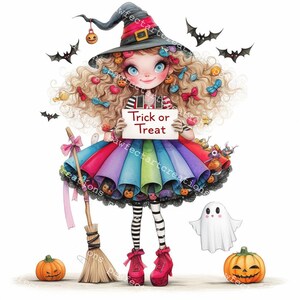 May include: A whimsical illustration of a witch holding a "Trick or Treat" sign. She wears a black witch hat, a rainbow skirt, and red platform shoes. The image includes pumpkins, bats, a ghost, and a broom, perfect for Halloween.