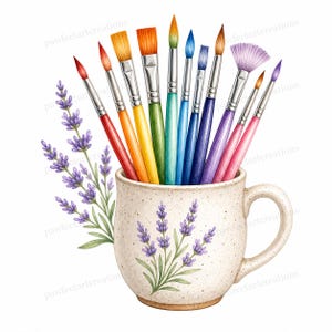 May include: Watercolor illustration of paintbrushes in a speckled ceramic mug decorated with lavender sprigs. The paintbrushes are arranged in a rainbow of colors, with red, orange, yellow, green, blue, purple, and pink handles.