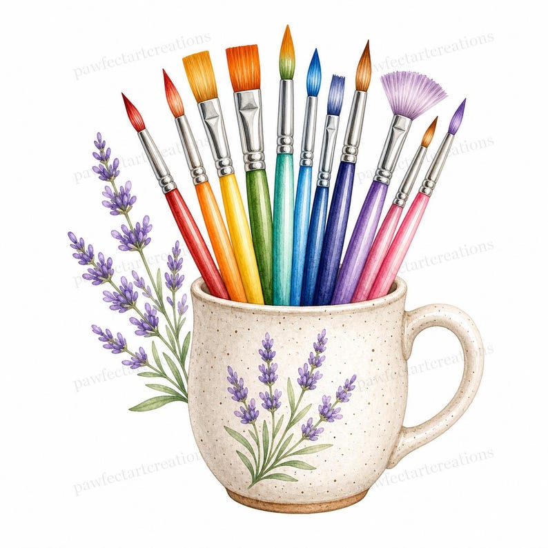 May include: Watercolor illustration of paintbrushes in a speckled ceramic mug decorated with lavender sprigs. The paintbrushes are arranged in a rainbow of colors, with red, orange, yellow, green, blue, purple, and pink handles.