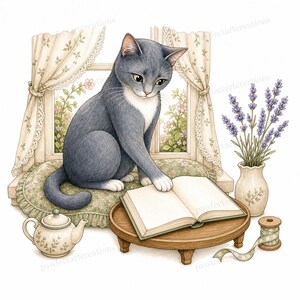 20 Cottagecore Reading Cats Clipart