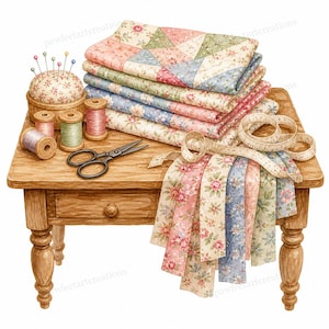 May include: A wooden table holds a stack of folded floral quilts, a pincushion with colorful pins, three wooden spools of thread, metal scissors, and a coiled measuring tape. Several fabric strips with floral patterns drape over the table edge.
