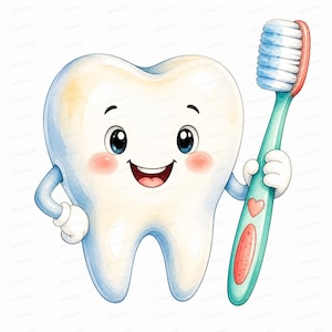 20 imágenes prediseñadas de dientes para el cuidado dental, arte para aulas de odontología pediátrica en formato JPG de acuarela para descarga digital y uso comercial.