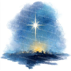 Puede incluir: Pintura a la acuarela de una estrella brillante sobre una silueta de ciudad. La obra de arte presenta un tema celestial con una paleta de colores azul y dorado. El texto "pawfectartcreations" se repite en la imagen.