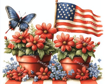Clipart patriottische bloemen: 4 juli aquarel kunst (digitale jpg download)