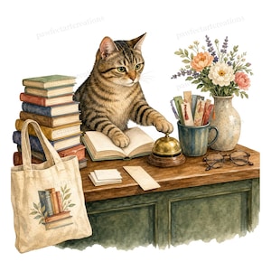 May include: A brown tabby cat rests a paw on an open book atop a wooden desk. Beside the cat are a stack of books, a beige tote bag with a book illustration, a brass service bell, a mug filled with bookmarks, a vase of flowers, and glasses.