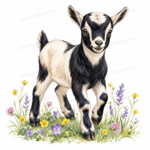 May include: A black and white baby goat standing in a field of colorful wildflowers including yellow buttercups, purple lavender, and pink clover. The illustration features the text pawfectartcreations repeated faintly in the background.