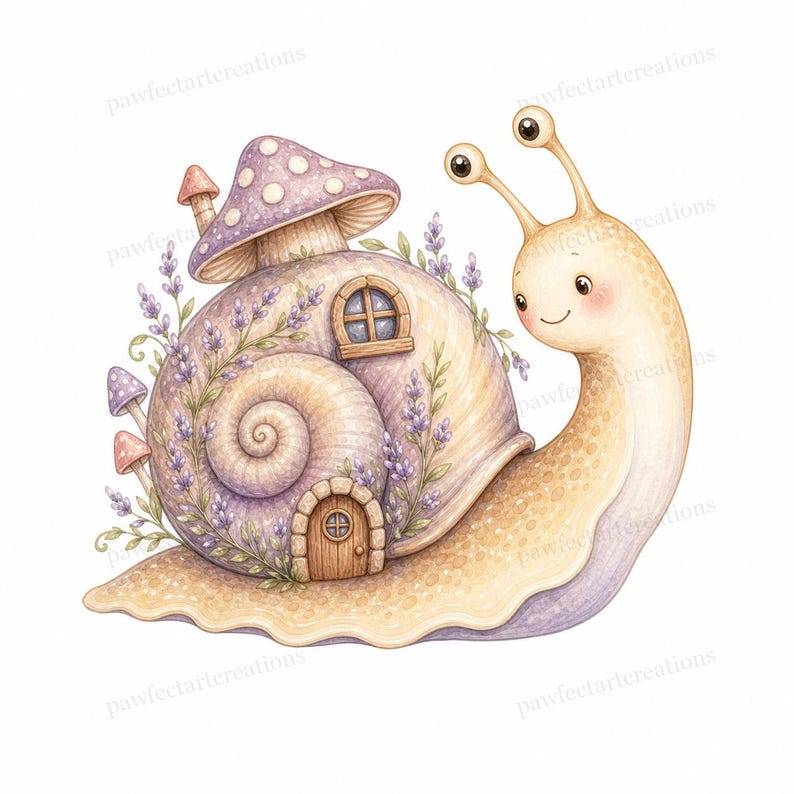 20 Cottage Mushroom Snail Clipart, Watercolor JPG Clipart Bundle, Digital Download, Commercial Use, Printable Art