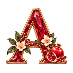 Op de afbeelding: Een decoratieve letter A met een gefacetteerde robijnrode edelsteentextuur en een gouden metalen rand. De letter is versierd met witte bloesems, groene bladeren en een hele en een doorgesneden granaatappel met zichtbare rode zaden op een witte achtergrond.