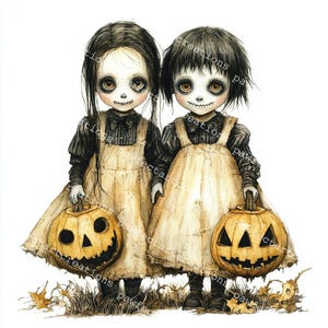 ハロウィーンの子供向けクリップアート：水彩画の怖い子供たち、ジャンクジャーナルグラフィック（デジタルダウンロード）