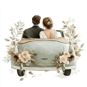 12 imágenes prediseñadas de pareja en coche de boda, invitación de boda, coche de boda para recién casados, acuarela imprimible, archivos JPG de alta calidad, artesanía digital