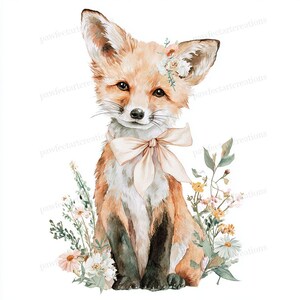 May include: Watercolor illustration of a fox cub with orange and white fur, wearing a cream-colored bow and a floral crown. The fox is surrounded by wildflowers in shades of pink, yellow, and green, set against a white background.
