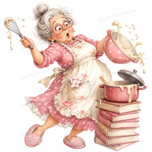 Puede incluir: Una ilustración de una persona mayor con el pelo gris en un moño, gafas redondas, vestido rosa de lunares y delantal floral. Sostiene un batidor y un cuenco rosa con masa salpicando, junto a una pila de libros y una olla de cocina.