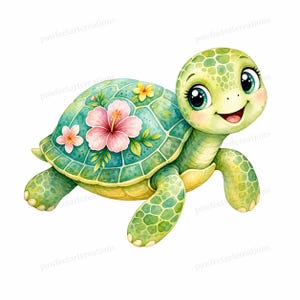 May include: A watercolor illustration of a green sea turtle with large expressive eyes and a smiling mouth. The turtle shell features a teal and green geometric pattern decorated with a large pink hibiscus flower and a smaller yellow flower.