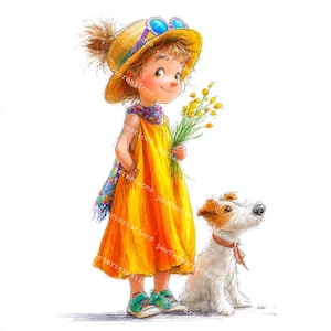 10 lente meisje met hond clipart, hondenliefhebber cadeau, schattig meisje, lenteseizoen, afdrukbare aquarel, hoogwaardige jpg's, papercraft, junk Journal