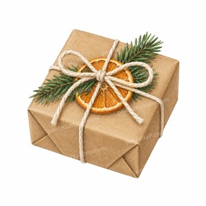 Könnte beinhalten: Eine quadratische Geschenkbox, eingewickelt in braunes Packpapier und mit einer dicken weißen Kordelschleife gebunden. Die Oberseite ist mit einer getrockneten Orangenscheibe und einem kleinen Zweig grüner Kiefernnadeln verziert.