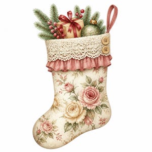May include: A Christmas stocking featuring a cream-coloured fabric with a floral rose pattern, topped with a pink ruffled trim, white lace, and two wooden buttons. It is filled with pine branches, red berries, a gift box, and a green ornament.