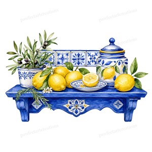 May include: Watercolor illustration of a blue shelf with lemons, a ceramic jar, and a potted olive plant. The shelf has a decorative tile backsplash. A plate holds a sliced lemon. The jar and pot have blue and white patterns.
