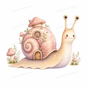 20 Cottage Mushroom Snail Clipart, Watercolor JPG Clipart Bundle, Digital Download, Commercial Use, Printable Art
