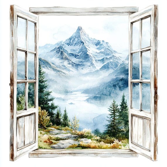 山の景色の水彩画クリップアート：窓辺の風景アート（デジタル