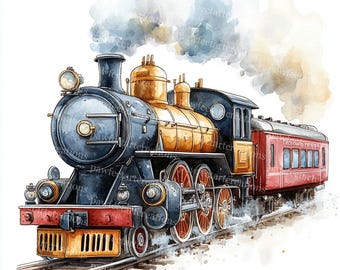 Antique Steam Train Clipart: Watercolor Locomotive Art (Digital Download)