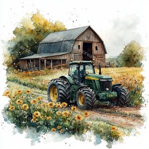 12 green Farm Tractor Clipart, Old Tractor Clipart, Printable Watercolor, High-Quality JPGs, Papercraft, Junk Journal, Digital Craft
