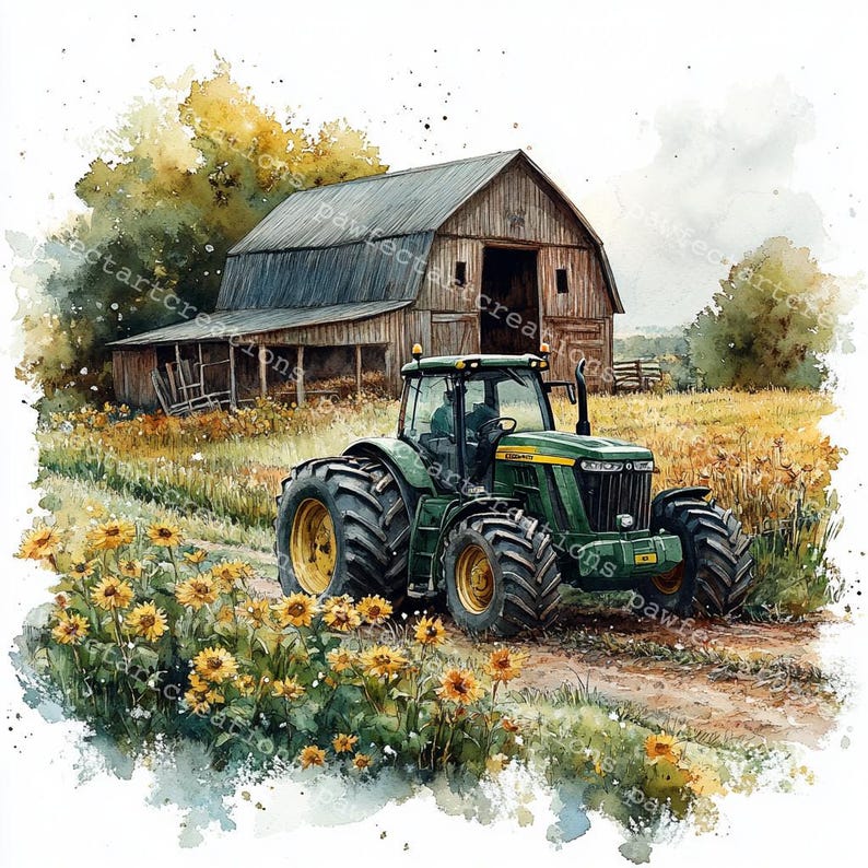 12 green Farm Tractor Clipart, Old Tractor Clipart, Printable Watercolor, High-Quality JPGs, Papercraft, Junk Journal, Digital Craft