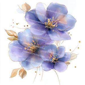 18 Abstract Flowers Clipart, Purple Flowers, Flowers Print, Printable Watercolor, High-Quality JPGs, Papercraft, Junk Journal