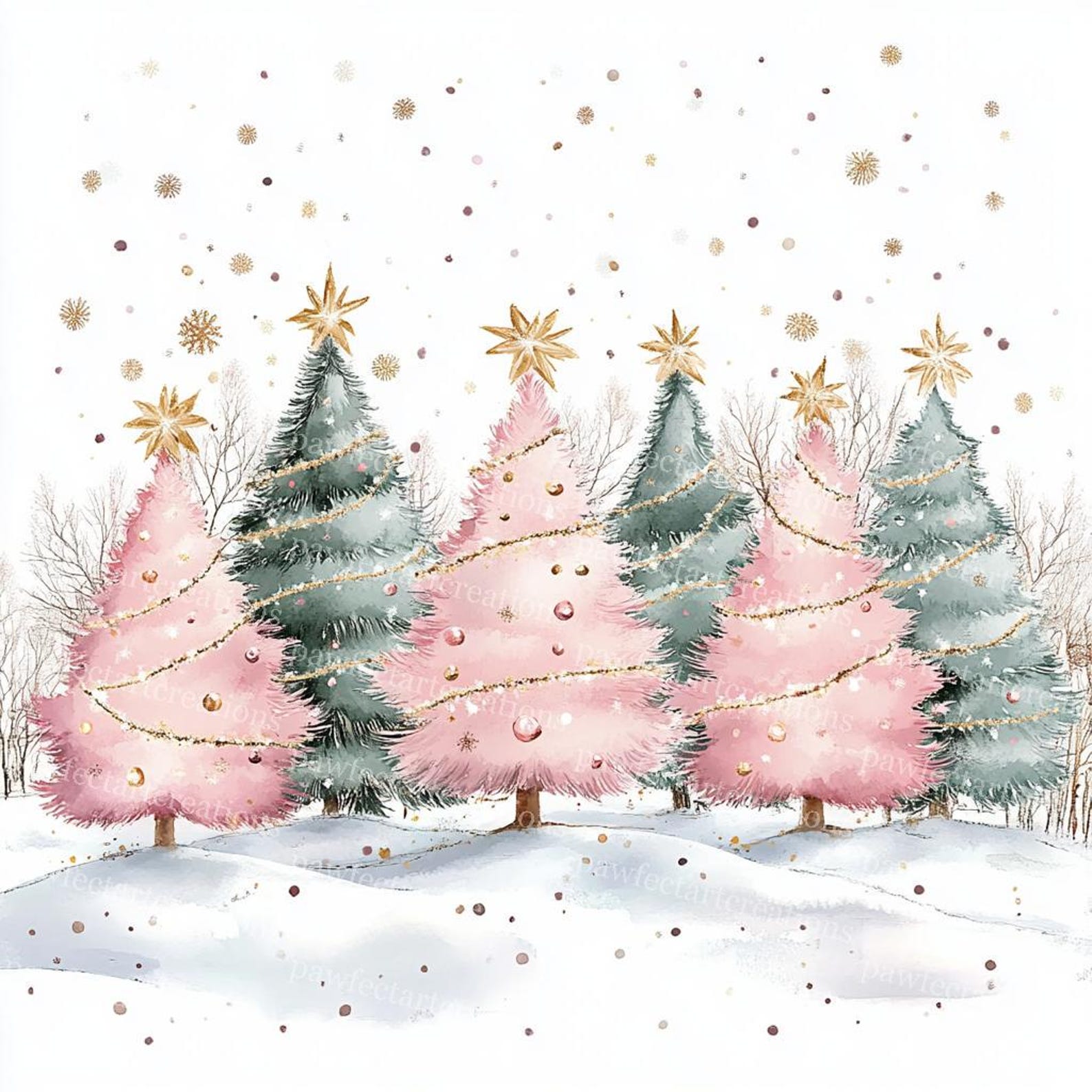 16 Pink Christmas Trees Clipart,winter Festive, Christmas Card ...