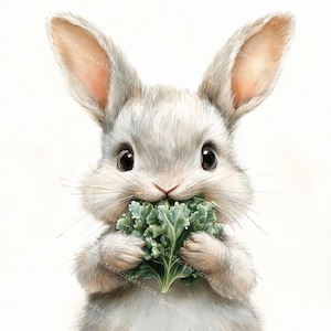 May include: A cute white bunny rabbit with pink ears is eating a bunch of green leafy kale.