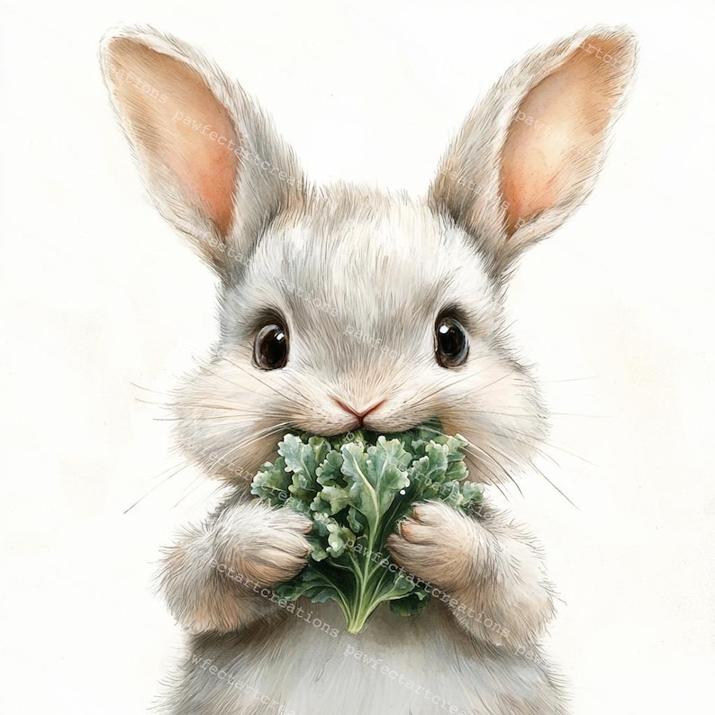 May include: A cute white bunny rabbit with pink ears is eating a bunch of green leafy kale.