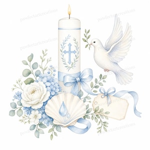 Puede incluir: Ilustración en acuarela con una vela blanca con una cruz y una cinta azules, una paloma blanca con una ramita, una concha y flores azules y blancas. Una etiqueta en blanco está atada con una cinta azul.