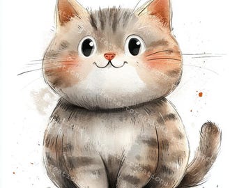 Watercolor Cartoon Cat Clipart: Nursery Art JPGs (Digital Download)