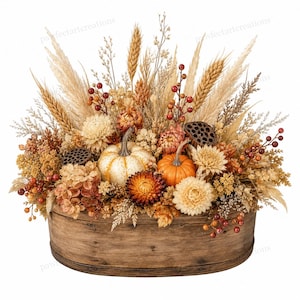 May include: An oval wooden bowl filled with an autumn arrangement featuring two small pumpkins, dried wheat stalks, pampas grass, lotus seed pods, red berries, and various dried flowers in shades of orange, cream, brown, and tan.