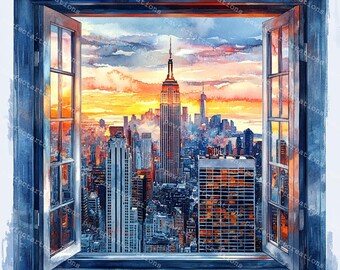 都市景観水彩画：窓からの眺め、高解像度JPG（デジタルダウンロード
