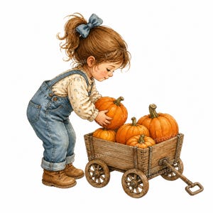 Peut inclure: Un enfant aux cheveux bruns avec un nœud bleu, portant une chemise à manches longues à fleurs, une salopette en jean bleu et des bottes marron, place une citrouille orange dans un chariot en bois rempli de trois autres citrouilles sur fond blanc.