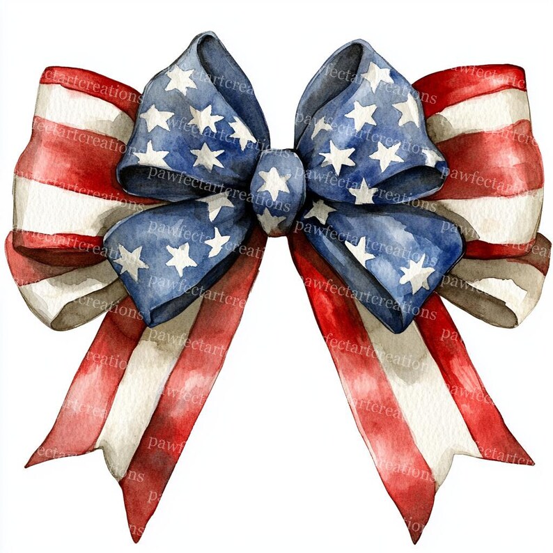 16 Patriotic Bows Clipart, USA Flag, 4th July Bow,Flag-Colored,Printable Watercolor, High-Quality JPGs,Papercraft Junk Journal,Digital Craft