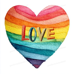 Può includere: Cuore ad acquerello nei colori dell'arcobaleno con la parola "LOVE". Il cuore presenta un gradiente di rosso, arancione, giallo, verde, blu e viola. La parola "LOVE" ha accenti rossi, blu e oro, con effetto 3D.
