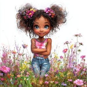 12 Quirky Black Girl With Flower Clipart, African Girl Clipart, Printable Watercolor, High-Quality JPGs, Junk Journal, Digital Craft