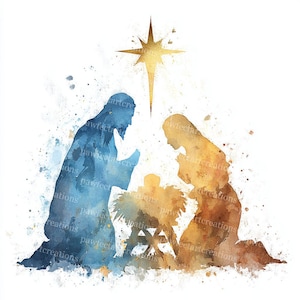 Può includere: Dipinto ad acquerello della scena della Natività. L'immagine presenta sagome di Maria, Giuseppe e Gesù bambino in una mangiatoia, con una stella dorata sopra. Le figure sono in tonalità blu e oro su sfondo bianco.